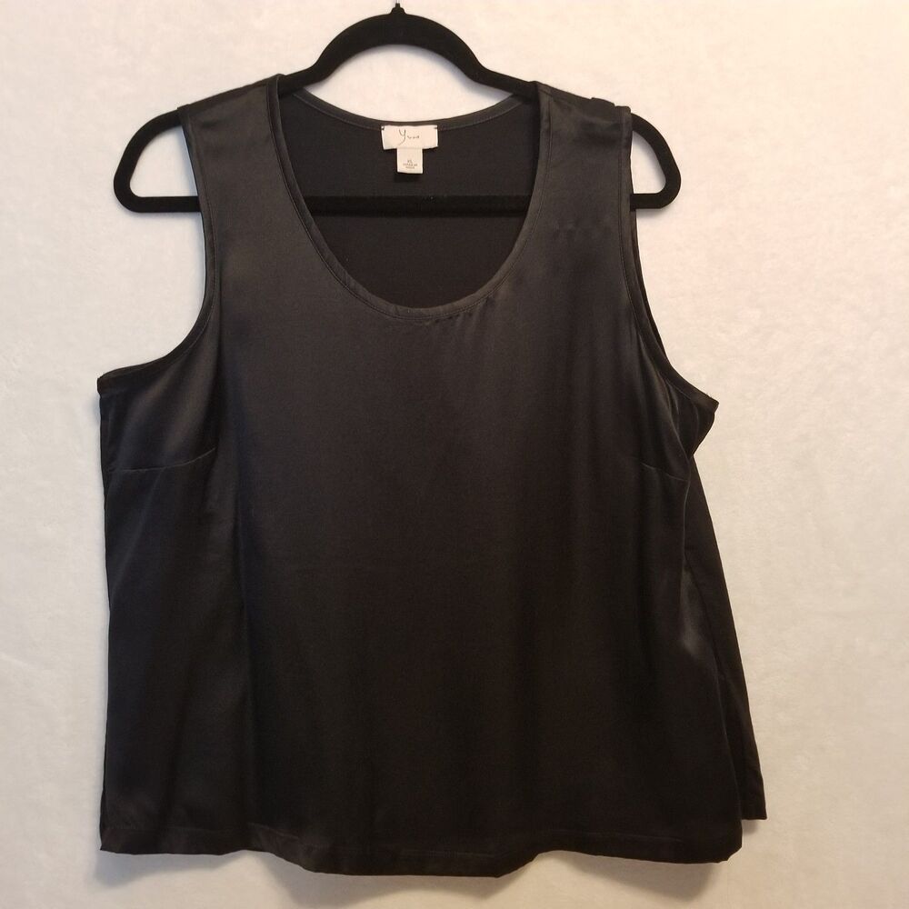 Yvos XL Top Black Satin Silk Front Jersey Knit Cotton Back Elevated Basic Gothic